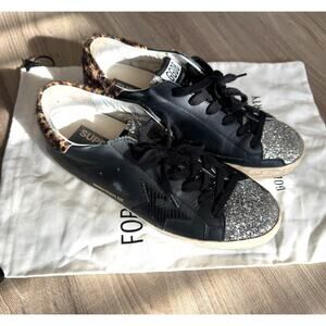 Golden Goose Black Sneakers with Silver Glitter and Leopard Accent